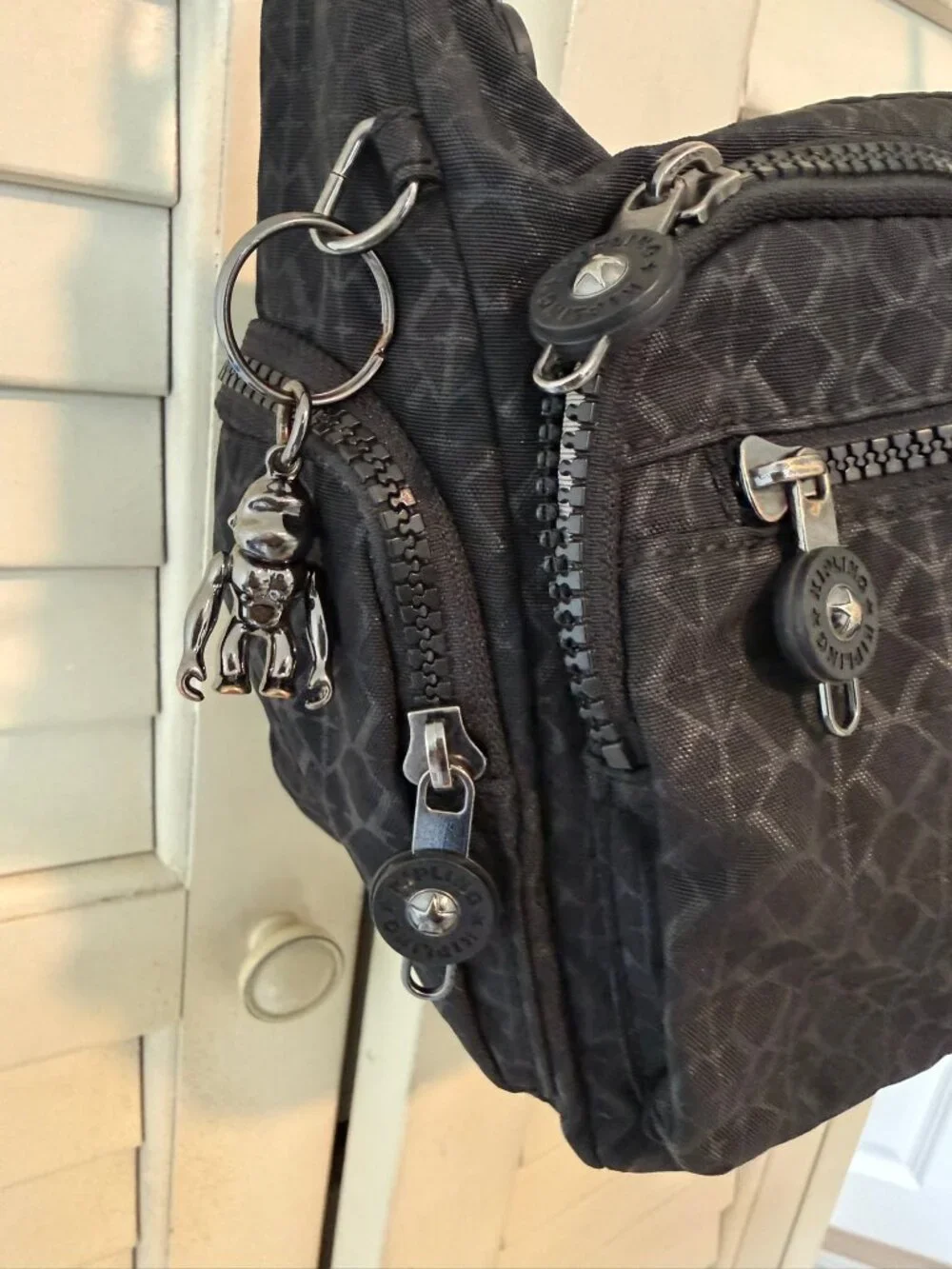 Kipling Gabbie Small Crossbody Bag Black Signature Embossed Monkey Keychain